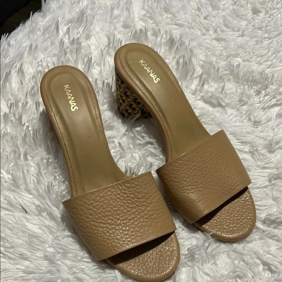 Kaanas Tobago Tan Leather Multicolor Braid Wrapped Block Heel Slides Sandals 8 - Picture 1 of 9